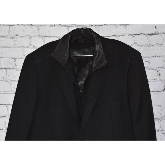 Mattarazi Uomo Wool & Leather Detail Black Zipper Single Breasted Jacket Size 54 - Picture 4 of 12